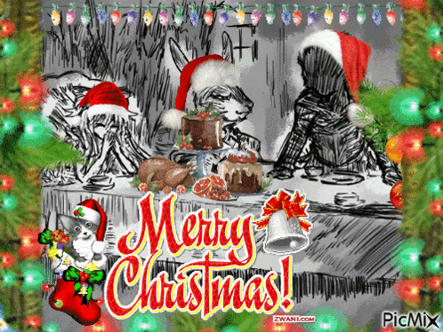 a merry christmas greeting card with a drawing of animals