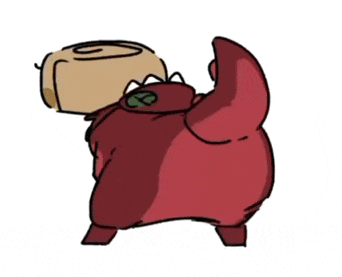 a cartoon drawing of a red monster with a squirrel on its back