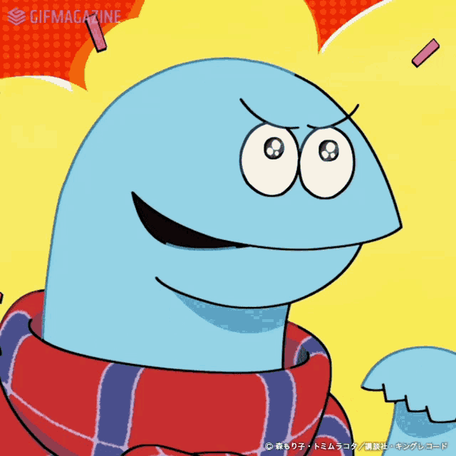a cartoon character with a scarf around his neck and a gifmagazine logo on the bottom