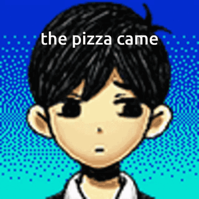 a pixel art of a boy with the words the pizza came above him