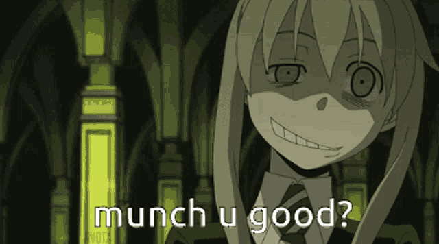 a picture of a girl with the words " munch u good " on it