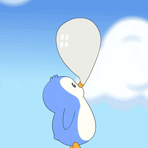 a blue and white penguin blowing a bubble in the sky