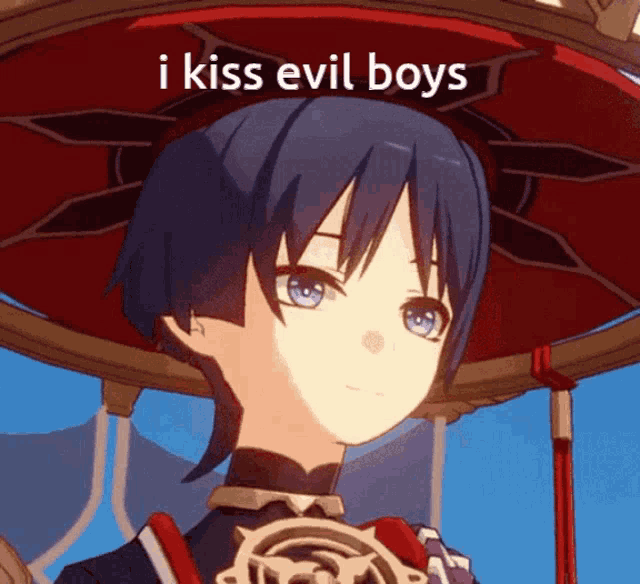 a cartoon character with the words i kiss evil boys