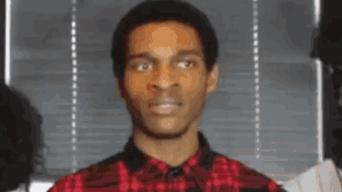 a man in a plaid shirt is looking at the camera .