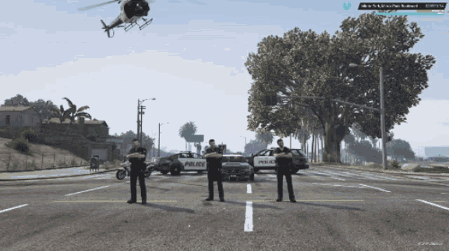 three police officers standing in front of a police car in a video game