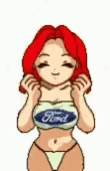 a cartoon girl with red hair is wearing a ford shirt