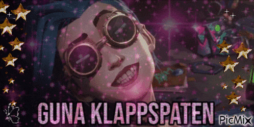 a picture of a woman wearing goggles and the words guna klappspaten on the bottom