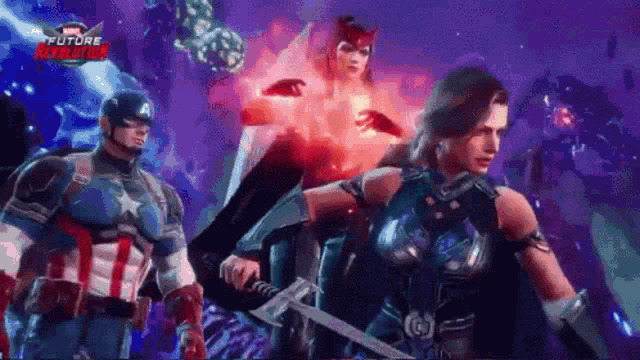 captain america , scarlet witch , and thor are fighting in a video game .