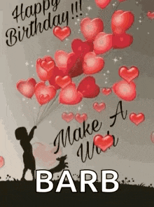 a happy birthday card with a boy holding a bunch of balloons in the shape of hearts