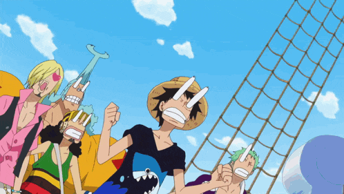 a group of anime characters are standing next to each other with their mouths open
