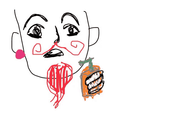 a drawing of a person eating a pumpkin with a swirl in their mouth