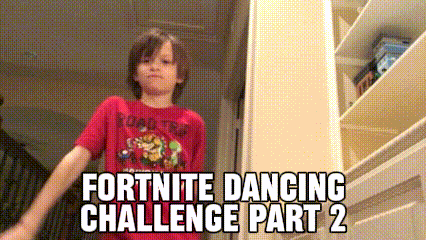 a young boy in a red shirt is dancing in a room with the words fortnite dancing challenge part 2 above him