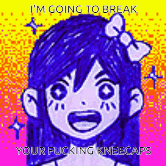a cartoon girl with blue hair and a bow on her head is going to break your fucking kneecaps