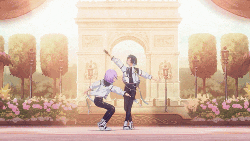 a couple of people dancing in front of a building