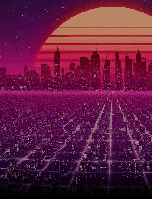 a sunset over a city with a grid of lights