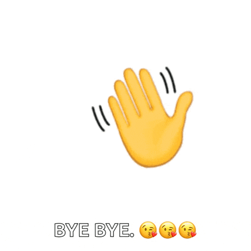 a yellow hand waving with the words bye bye underneath it