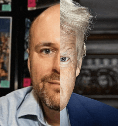 a half of a man 's face is shown with a beard