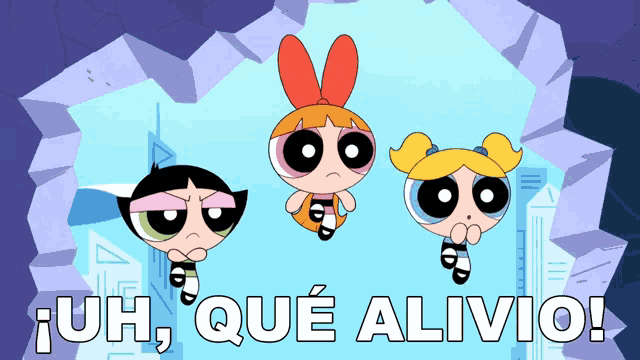 three cartoon characters are standing next to each other with the words " uh que alivio " below them