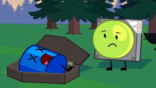a cartoon character with a sad face is standing next to a coffin