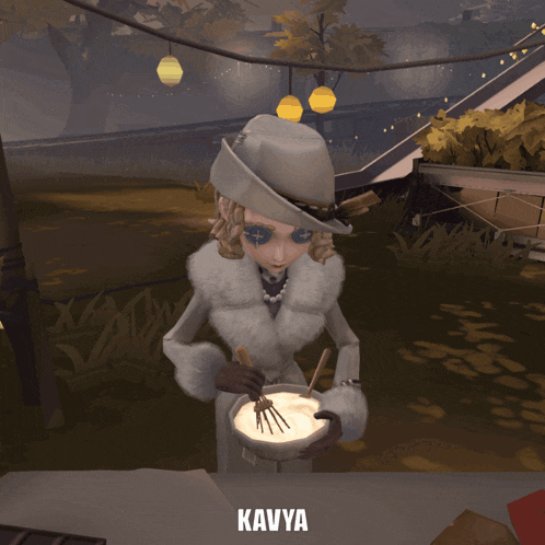 a woman in a fur coat is holding a bowl of food and the name kavya is on the bottom