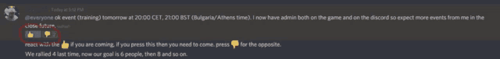 a screenshot of a discord conversation with a thumbs up and a thumbs down icon