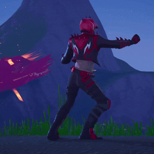 a person in a red and black outfit with the letter r on the back