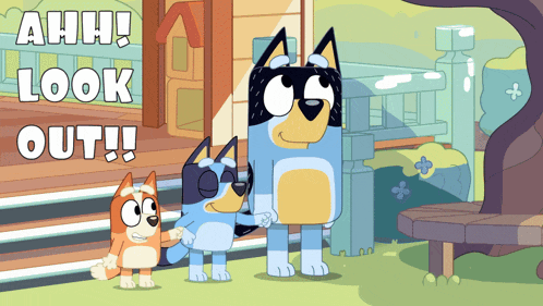 a cartoon of a dog standing next to another dog with the words " ahh look out " above them
