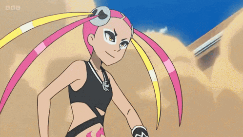 a cartoon character with pink and yellow hair is standing in the sand