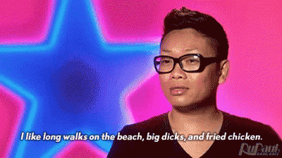 a man wearing glasses is talking about long walks on the beach big dicks and fried chicken