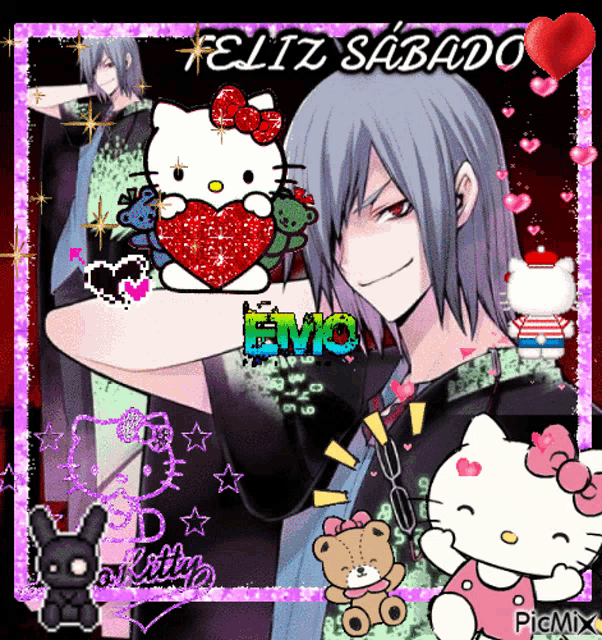 a picture of a man holding a hello kitty with the words feliz sabado emo on it