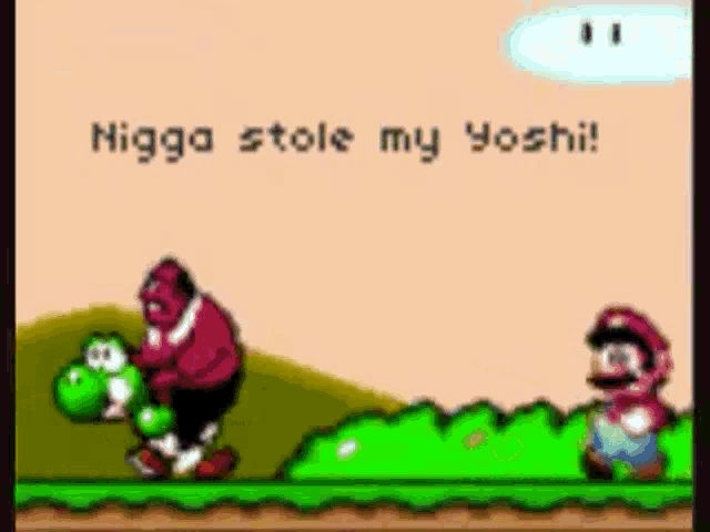 a video game screen shows a man holding a yoshi and a man standing next to mario .