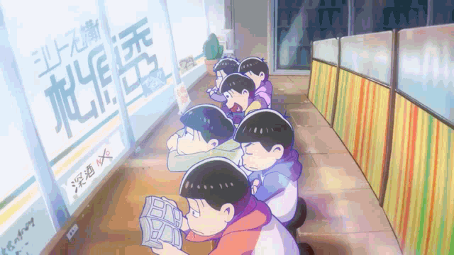 a group of cartoon characters sitting in front of a sign that says ' juice '