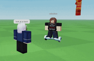 a video game character says look at ur back while another character rides a hover board
