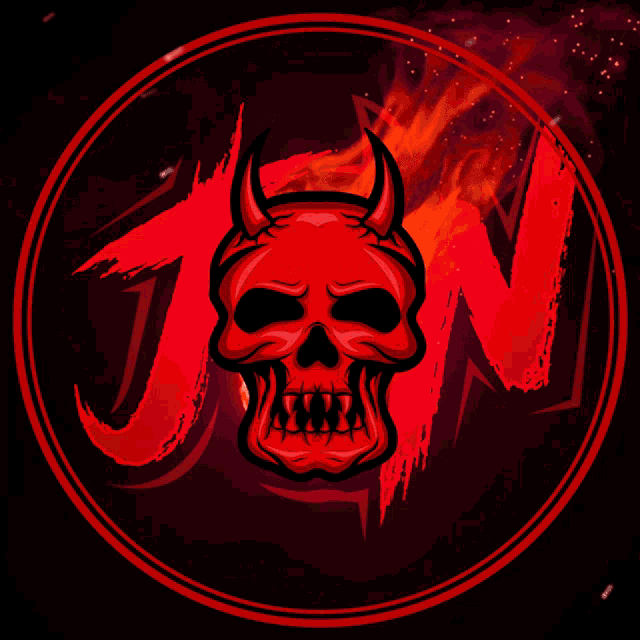 a red skull with horns is in a circle with the letter jn
