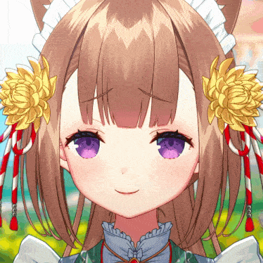 a close up of a girl 's face with purple eyes and yellow flowers in her hair