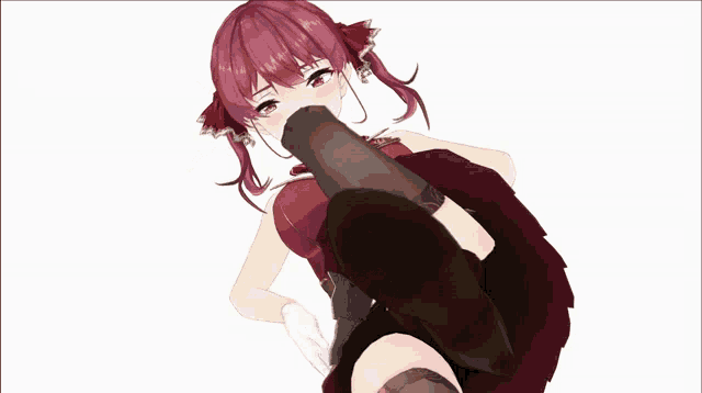 a red haired anime girl is being kicked by a brown shoe