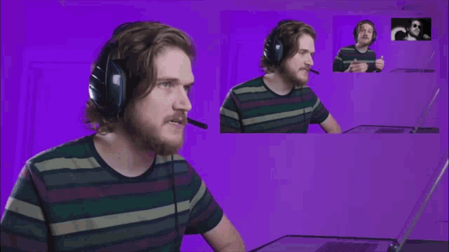 a man wearing headphones says " it 's a defense mechanism " in front of a purple background