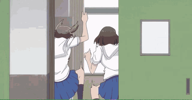 a cartoon of two girls opening a door