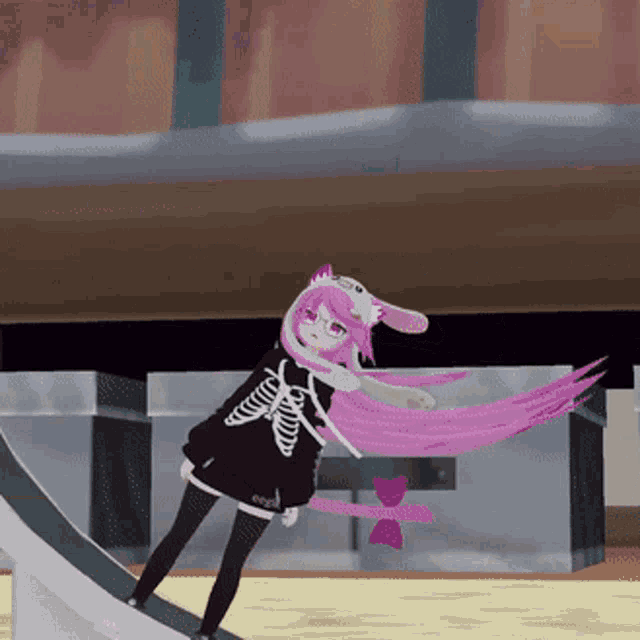 a girl with long pink hair is wearing a skeleton shirt