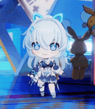 a little girl with white hair and blue eyes is standing in front of a stuffed bunny