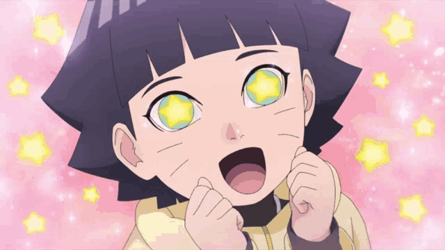 a little girl with stars in her eyes is surrounded by pink stars