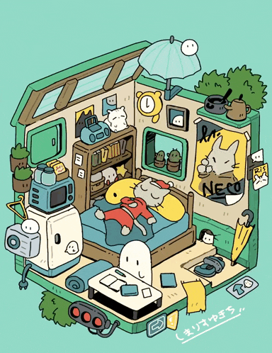 a cartoon drawing of a room with a poster that says neko