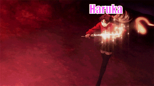 a cartoon character holding a sword with the name haruka above him