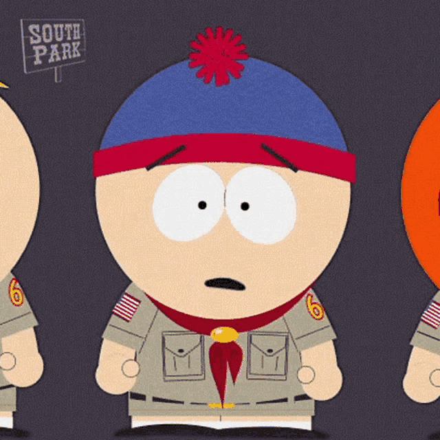 three south park characters are standing next to each other with a sign in the background that says south park