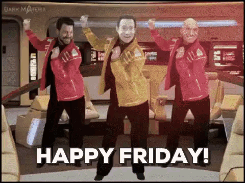 three men are dancing in a room and the words happy friday are on the bottom