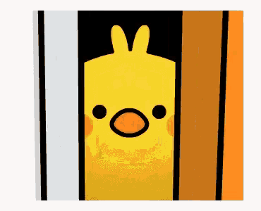 a yellow chicken with bunny ears is peeking out of a doorway
