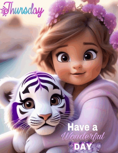 a picture of a girl holding a tiger with the words have a wonderful day on the bottom