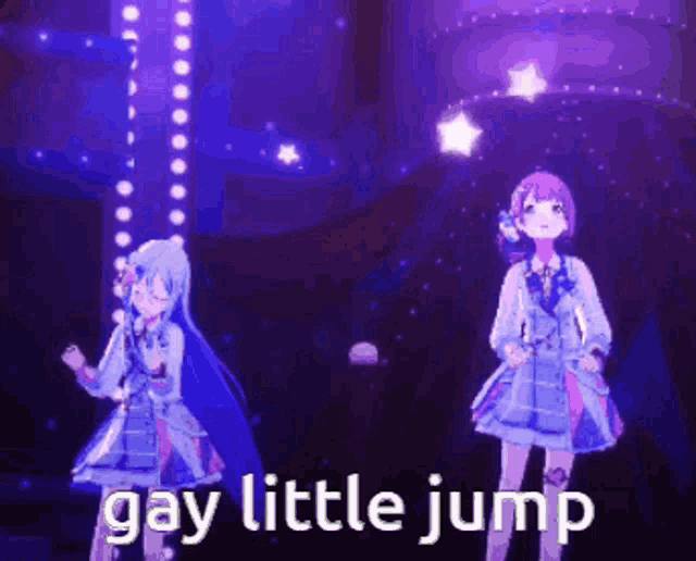 a couple of anime girls are dancing on a stage with the words `` gay little jump '' written on the bottom .