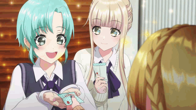 two anime girls are standing next to each other and one is holding a piece of paper