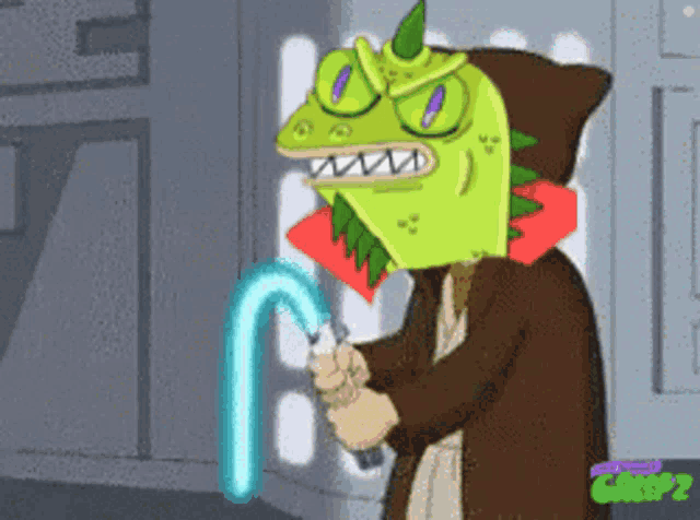 a cartoon character is holding a lightsaber and the word grimpz is on the bottom